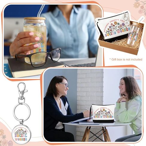 Kacctyen Social Worker Gift for Women, Social Work Month Gifts Appreciation Makeup Bag with Keychain 17 oz Glass Thank You Cup with Lid and Straw Set in Kuwait