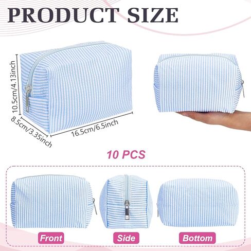 10 Pcs Cute Travel Toiletry Organizer, Rectangle Cozy Makeup Bag 6.5x3.35x4.13Inch Travel Cosmetic Bag for Skincare Beauty Accessories Brushes Stripe Blue in Kuwait