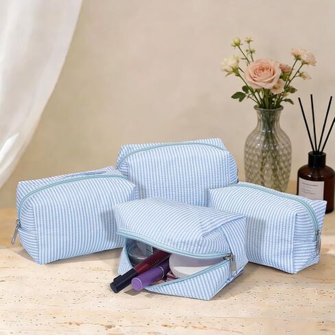 10 Pcs Cute Travel Toiletry Organizer, Rectangle Cozy Makeup Bag 6.5x3.35x4.13Inch Travel Cosmetic Bag for Skincare Beauty Accessories Brushes Stripe Blue in Kuwait