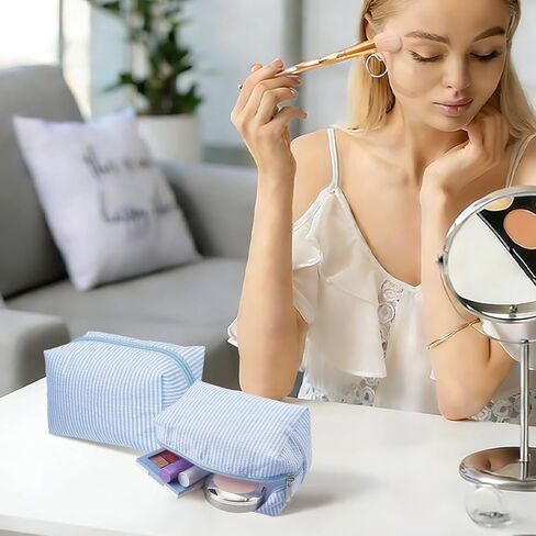 10 Pcs Cute Travel Toiletry Organizer, Rectangle Cozy Makeup Bag 6.5x3.35x4.13Inch Travel Cosmetic Bag for Skincare Beauty Accessories Brushes Stripe Blue in Kuwait