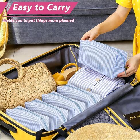 10 Pcs Cute Travel Toiletry Organizer, Rectangle Cozy Makeup Bag 6.5x3.35x4.13Inch Travel Cosmetic Bag for Skincare Beauty Accessories Brushes Stripe Blue in Kuwait