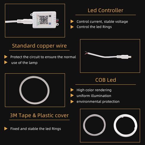 مجموعة واحدة من Grandview 70 مم متعددة الألوان RGB LED حلقات هالة COB 72SMD للهواتف الذكية iOS Android App بلوتوث التحكم في السيارة عيون الملاك حلقة دائرية مصباح أمامي أضواء النهار الجري (DRL) 12 فولت in Kuwait