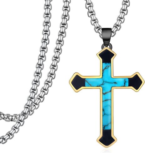 Genuine Turquoise Cross Necklace 925 Sterling Silver Turquoise Necklace Vintage Western Religious Cross Turquoise Jewelry for Men in Kuwait
