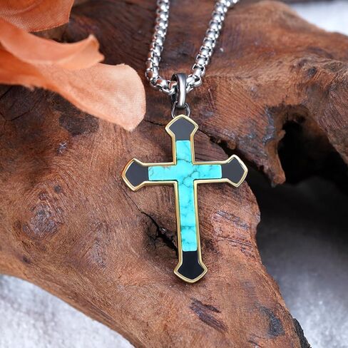 Genuine Turquoise Cross Necklace 925 Sterling Silver Turquoise Necklace Vintage Western Religious Cross Turquoise Jewelry for Men in Kuwait