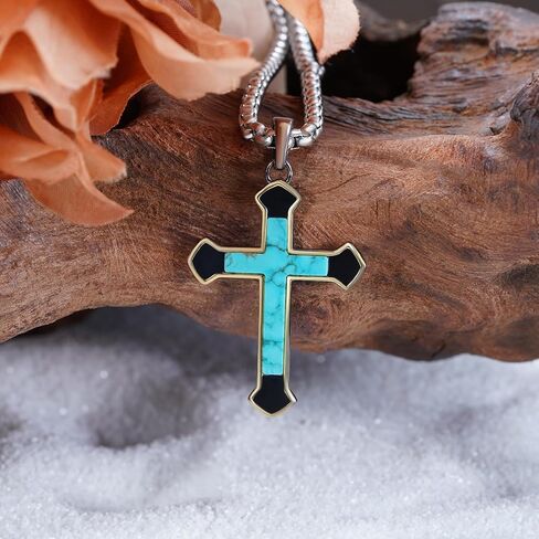 Genuine Turquoise Cross Necklace 925 Sterling Silver Turquoise Necklace Vintage Western Religious Cross Turquoise Jewelry for Men in Kuwait