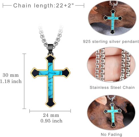 Genuine Turquoise Cross Necklace 925 Sterling Silver Turquoise Necklace Vintage Western Religious Cross Turquoise Jewelry for Men in Kuwait