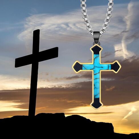 Genuine Turquoise Cross Necklace 925 Sterling Silver Turquoise Necklace Vintage Western Religious Cross Turquoise Jewelry for Men in Kuwait