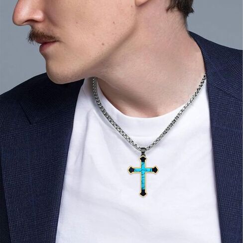 Genuine Turquoise Cross Necklace 925 Sterling Silver Turquoise Necklace Vintage Western Religious Cross Turquoise Jewelry for Men in Kuwait
