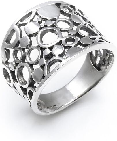 Silverly Filigree-Style Open Circle Pattern Sterling Silver Ring for Women - Modern Concave Wide Band Thumb Rings - 925 Silver Chunky Ring - Geometric Openwork Solid Silver Jewelry in Kuwait