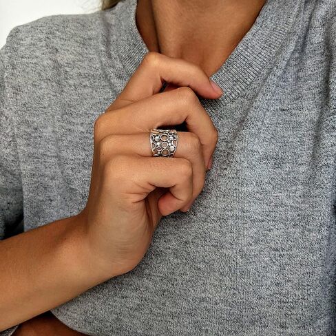 Silverly Filigree-Style Open Circle Pattern Sterling Silver Ring for Women - Modern Concave Wide Band Thumb Rings - 925 Silver Chunky Ring - Geometric Openwork Solid Silver Jewelry in Kuwait