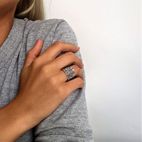 Silverly Filigree-Style Open Circle Pattern Sterling Silver Ring for Women - Modern Concave Wide Band Thumb Rings - 925 Silver Chunky Ring - Geometric Openwork Solid Silver Jewelry in Kuwait