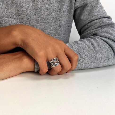 Silverly Filigree-Style Open Circle Pattern Sterling Silver Ring for Women - Modern Concave Wide Band Thumb Rings - 925 Silver Chunky Ring - Geometric Openwork Solid Silver Jewelry in Kuwait