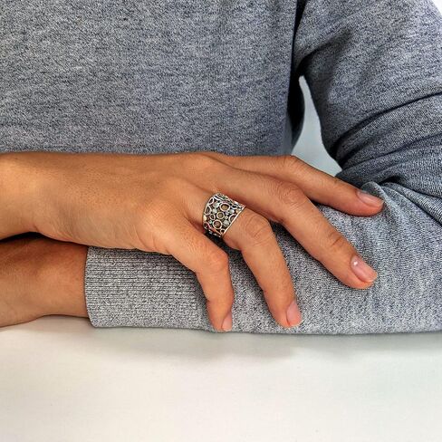 Silverly Filigree-Style Open Circle Pattern Sterling Silver Ring for Women - Modern Concave Wide Band Thumb Rings - 925 Silver Chunky Ring - Geometric Openwork Solid Silver Jewelry in Kuwait