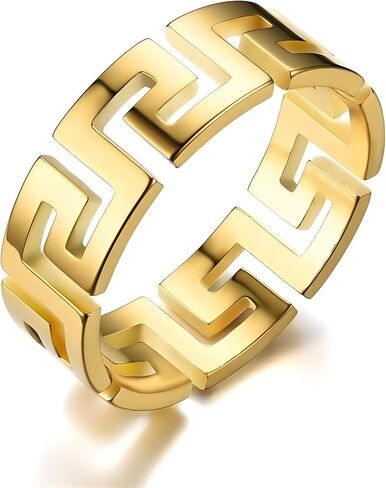 Greek Key 14K Gold Plated Rings – Minimalist 925 Silver Band Ring with Ancient Symbolic Pattern, Polished Unisex Geometric Jewelry for Men and Women, Promise or Wedding Ring in Saudi Arabia