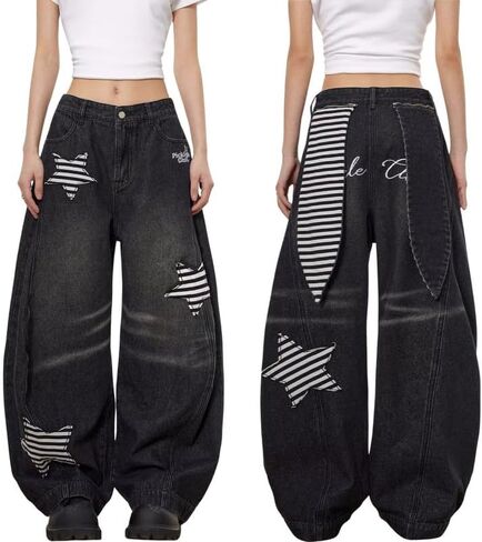 Barrel Jeans for Women Baggy Star Embroidered Jeans Cute Patchwork Denim Pants Boyfriends Trendy Clothes in Kuwait