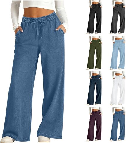 Jeans for Women Wide Leg High Waisted Denim Pants Pull on Trousers Elastic Waist Jeans Baggy Stretch Bottoms in Saudi Arabia