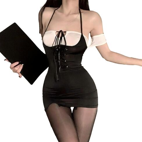فستان لانجري نسائي شفاف بدون ظهر من GK-O - رقبة رسن قطعة واحدة Bodycon Mini، زي سكرتير ستايل in Saudi Arabia