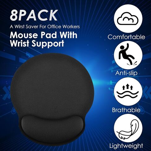 8 Pack Black Ergonomic Mouse Pad with Wrist Rest Support, Round Gaming Mousepad with Smooth Surface & Non-Slip Rubber Base for Computer, Laptop, Office, Comfortable Memory Foam for Wrist Cushion in Saudi Arabia