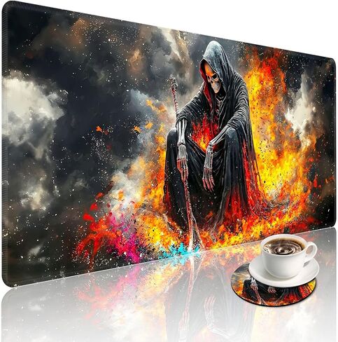 Grim Reaper Large Gaming Mouse Pad with Coaster, Durable Stitched Edges Protection Design, Cute Large Desk Mat for Desktop, 35.4x15.7 inch XXL Extended Computer Mat for Gaming and Office in Kuwait