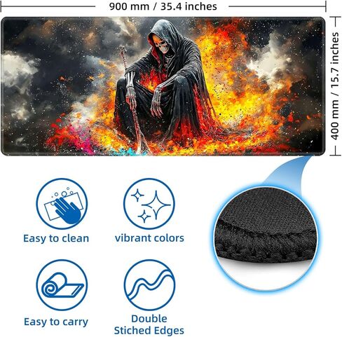 لوحة ماوس ألعاب كبيرة من Grim Reaper مع كوستر، تصميم متين لحماية الحواف المخيطة، بساط مكتب كبير لطيف لسطح المكتب، 35.4 × 15.7 بوصة XXL بساط كمبيوتر ممتد للألعاب والمكتب in Saudi Arabia
