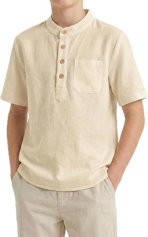 تي شيرت Spring&Gege Boys من الكتان Henley بأكمام قصيرة كاجوال للشاطئ للصيف مع جيب in Kuwait