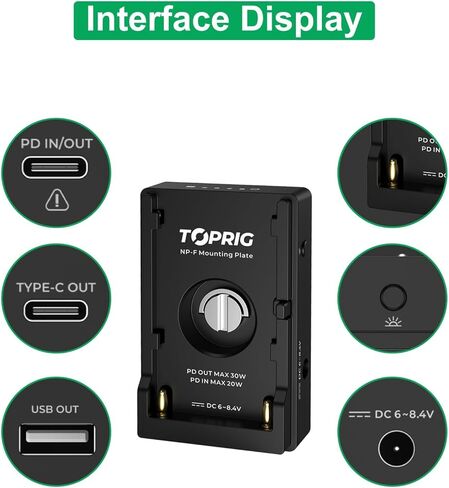 Accsoon Toprig BC08 BP-A شاحن بطارية لوحة تصاعد لبطاريات Canon BP-A ، مع USB-A USB-C D-TAP ، منافذ PD Out ، PD In in Kuwait