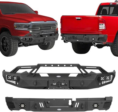 مجموعة المصد الأمامي والخلفي من Hooke Road لـ 2019-2024 Dodge Ram 1500 (باستثناء EcoDiesel، Rebel، TRX وRam 1500 Classic)، مصدات فولاذية للطرق الوعرة مع واقي شبكي، وحوامل على شكل حرف D in Saudi Arabia