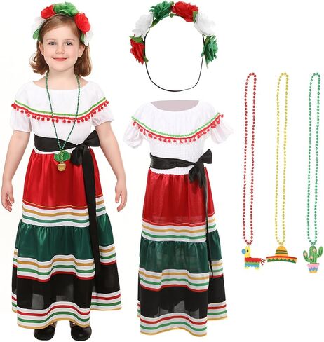 3PCS Traditional Mexican Dress for Girls, Folklorico Dance Fiesta Dress Outfit for Masquerade Halloween Party in Kuwait