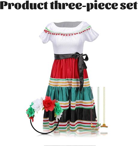 3PCS Traditional Mexican Dress for Girls, Folklorico Dance Fiesta Dress Outfit for Masquerade Halloween Party in Kuwait