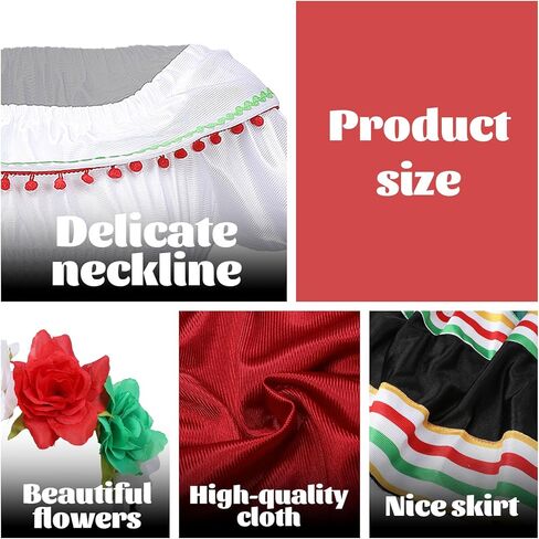 3PCS Traditional Mexican Dress for Girls, Folklorico Dance Fiesta Dress Outfit for Masquerade Halloween Party in Kuwait