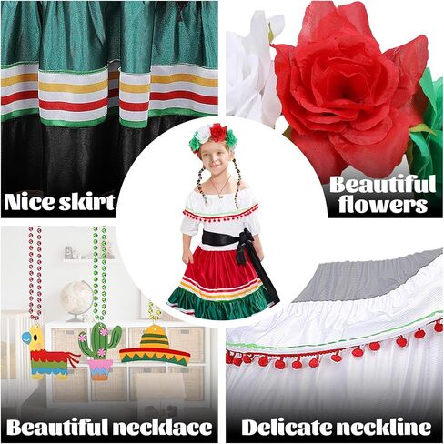 3PCS Traditional Mexican Dress for Girls, Folklorico Dance Fiesta Dress Outfit for Masquerade Halloween Party in Kuwait