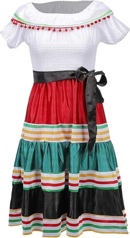 3PCS Traditional Mexican Dress for Girls, Folklorico Dance Fiesta Dress Outfit for Masquerade Halloween Party in Kuwait