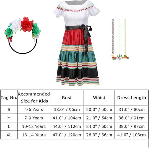 3PCS Traditional Mexican Dress for Girls, Folklorico Dance Fiesta Dress Outfit for Masquerade Halloween Party in Kuwait