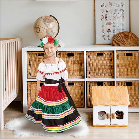 3PCS Traditional Mexican Dress for Girls, Folklorico Dance Fiesta Dress Outfit for Masquerade Halloween Party in Kuwait