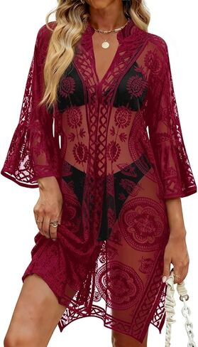 Women's Swimwear Cover-Up Bell Sleeve Lace V-Neck Beach Dress Side Slit Bikini Coverup for Pool Party Vacation in Kuwait