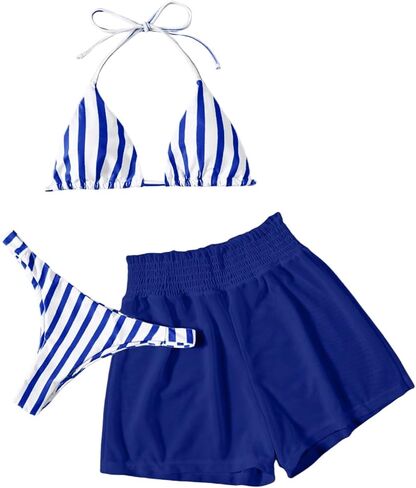 WDIRARA Women's 3 Piece Striped Bikini Sets Halter Triangle String Swimsuit with Beach Shorts in Saudi Arabia