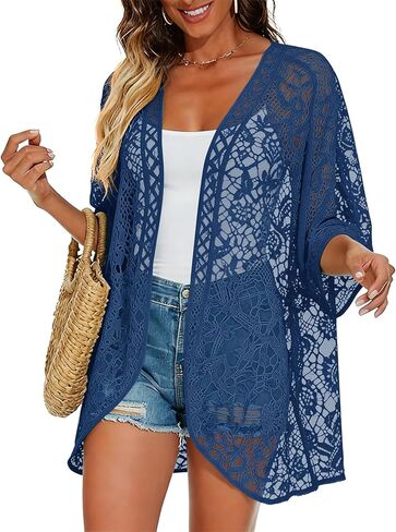Women's Casual Lace Kimono Cardigan 3 4 Sleeve Sheer Shrug Formal Dress Beach Party Cover Up in Kuwait