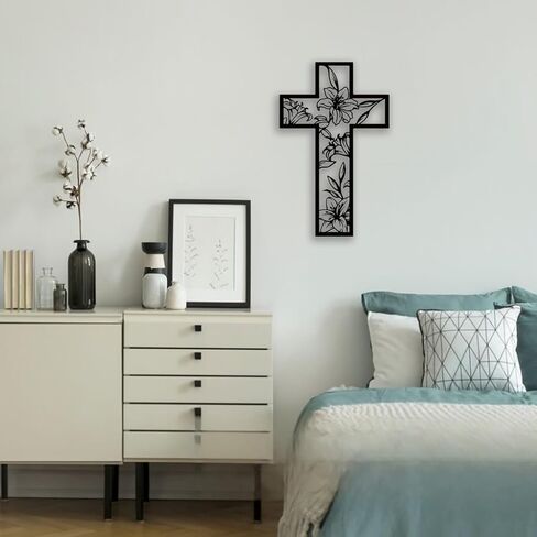 Cross Flowe Metal Wall Decor - Christian Room Decor Inspirational Wall Art Home Decor for Living Room, Bedroom, Dining Room, Office (Black) in Kuwait