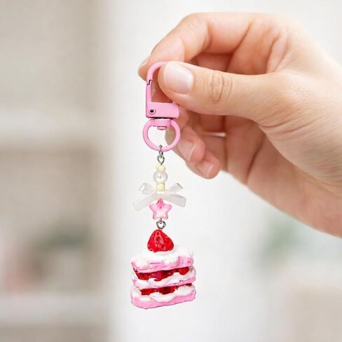 Dessert Keychain – Cake Keychains Bag Charms for Women with Bow and Pink Star Decorations, Cute Key Chains Gifts for Girls, Friends and Desserts Lovers in Kuwait