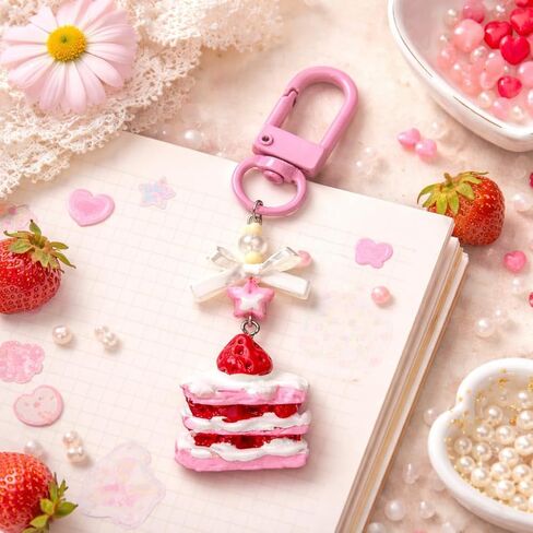 Dessert Keychain – Cake Keychains Bag Charms for Women with Bow and Pink Star Decorations, Cute Key Chains Gifts for Girls, Friends and Desserts Lovers in Kuwait