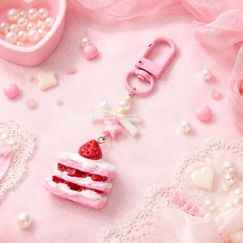 Dessert Keychain – Cake Keychains Bag Charms for Women with Bow and Pink Star Decorations, Cute Key Chains Gifts for Girls, Friends and Desserts Lovers in Kuwait
