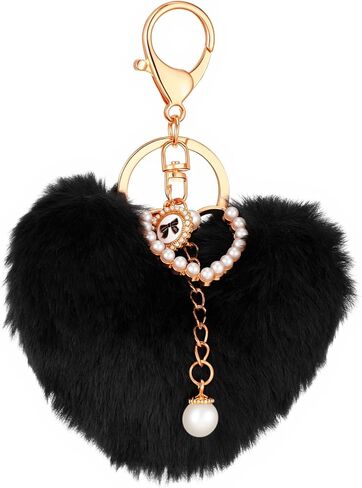 Heart Keychains, Fluffy Keychain Heart Plush Pom Charm Key Chain Purse Handbag Faux Fur Pom Black Bag Charms Puffball Keyring Cute Accessories for Valentine's Day Gift Backpacks Purse Car Key in Kuwait