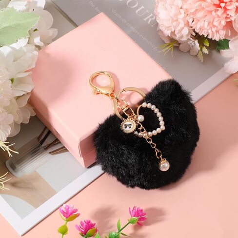 Heart Keychains, Fluffy Keychain Heart Plush Pom Charm Key Chain Purse Handbag Faux Fur Pom Black Bag Charms Puffball Keyring Cute Accessories for Valentine's Day Gift Backpacks Purse Car Key in Kuwait