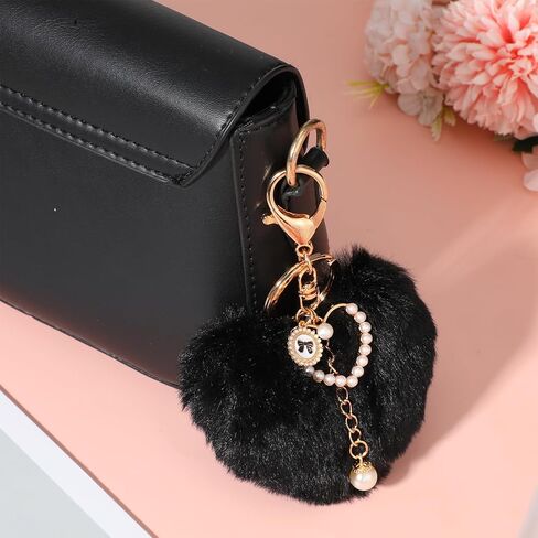 Heart Keychains, Fluffy Keychain Heart Plush Pom Charm Key Chain Purse Handbag Faux Fur Pom Black Bag Charms Puffball Keyring Cute Accessories for Valentine's Day Gift Backpacks Purse Car Key in Kuwait