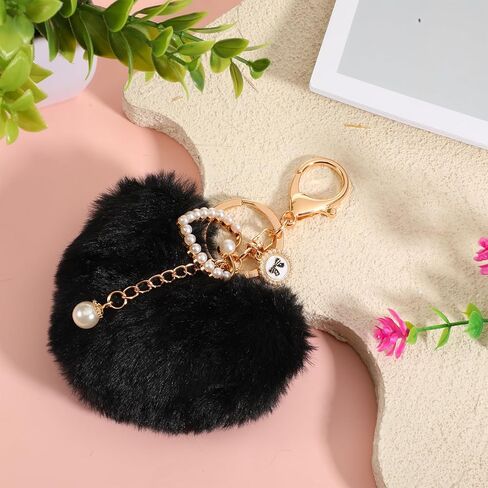 Heart Keychains, Fluffy Keychain Heart Plush Pom Charm Key Chain Purse Handbag Faux Fur Pom Black Bag Charms Puffball Keyring Cute Accessories for Valentine's Day Gift Backpacks Purse Car Key in Kuwait