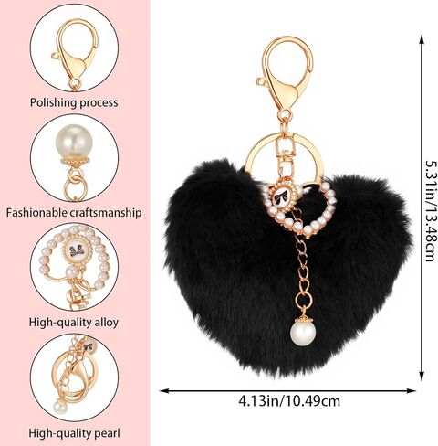 Heart Keychains, Fluffy Keychain Heart Plush Pom Charm Key Chain Purse Handbag Faux Fur Pom Black Bag Charms Puffball Keyring Cute Accessories for Valentine's Day Gift Backpacks Purse Car Key in Kuwait