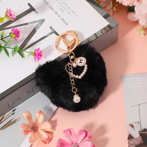 Heart Keychains, Fluffy Keychain Heart Plush Pom Charm Key Chain Purse Handbag Faux Fur Pom Black Bag Charms Puffball Keyring Cute Accessories for Valentine's Day Gift Backpacks Purse Car Key in Kuwait