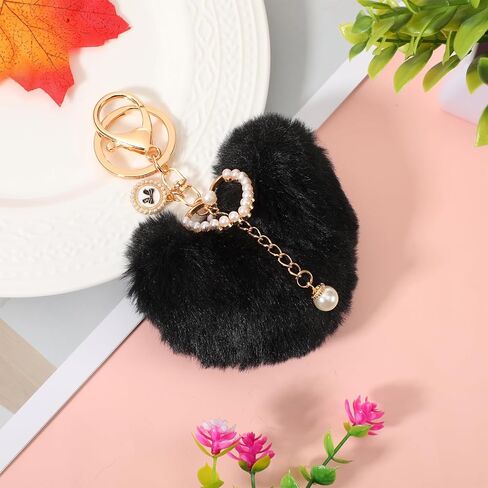 Heart Keychains, Fluffy Keychain Heart Plush Pom Charm Key Chain Purse Handbag Faux Fur Pom Black Bag Charms Puffball Keyring Cute Accessories for Valentine's Day Gift Backpacks Purse Car Key in Kuwait