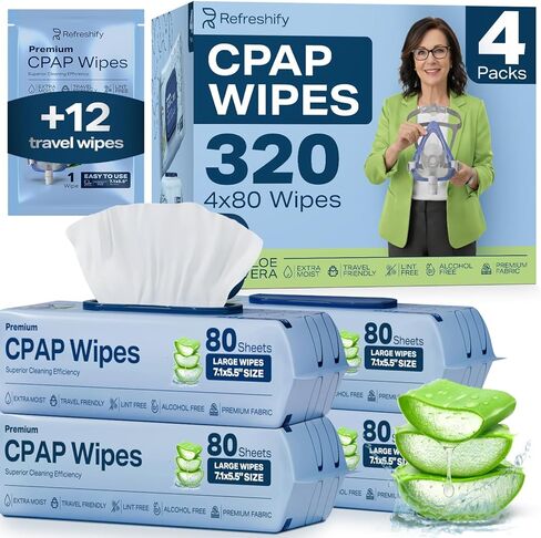 مناديل قناع CPAP (عدد 320) + 8 مناديل مبللة للسفر - مناديل تنظيف كبيرة وموسيت ممتازة للقناع | منظف ​​مناديل CPAP، غير معطر، مستلزمات تنظيف CPAP in Kuwait
