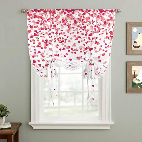 Pink Valentine's Day Tie Up Curtains for Window, Lover Heart Modern Art Romantic Thermal Insulated Balloon Shade Adjustable Rod Pocket Curtains Valance Panels for Kitchen Bathroom Café 52'' x 45'' in Saudi Arabia